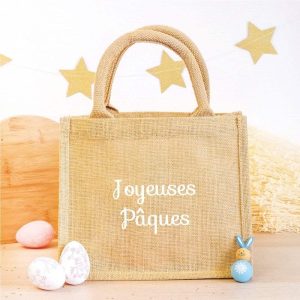 Panier enfant en jute Joyeuses Pâques brodé – Ourson câlin