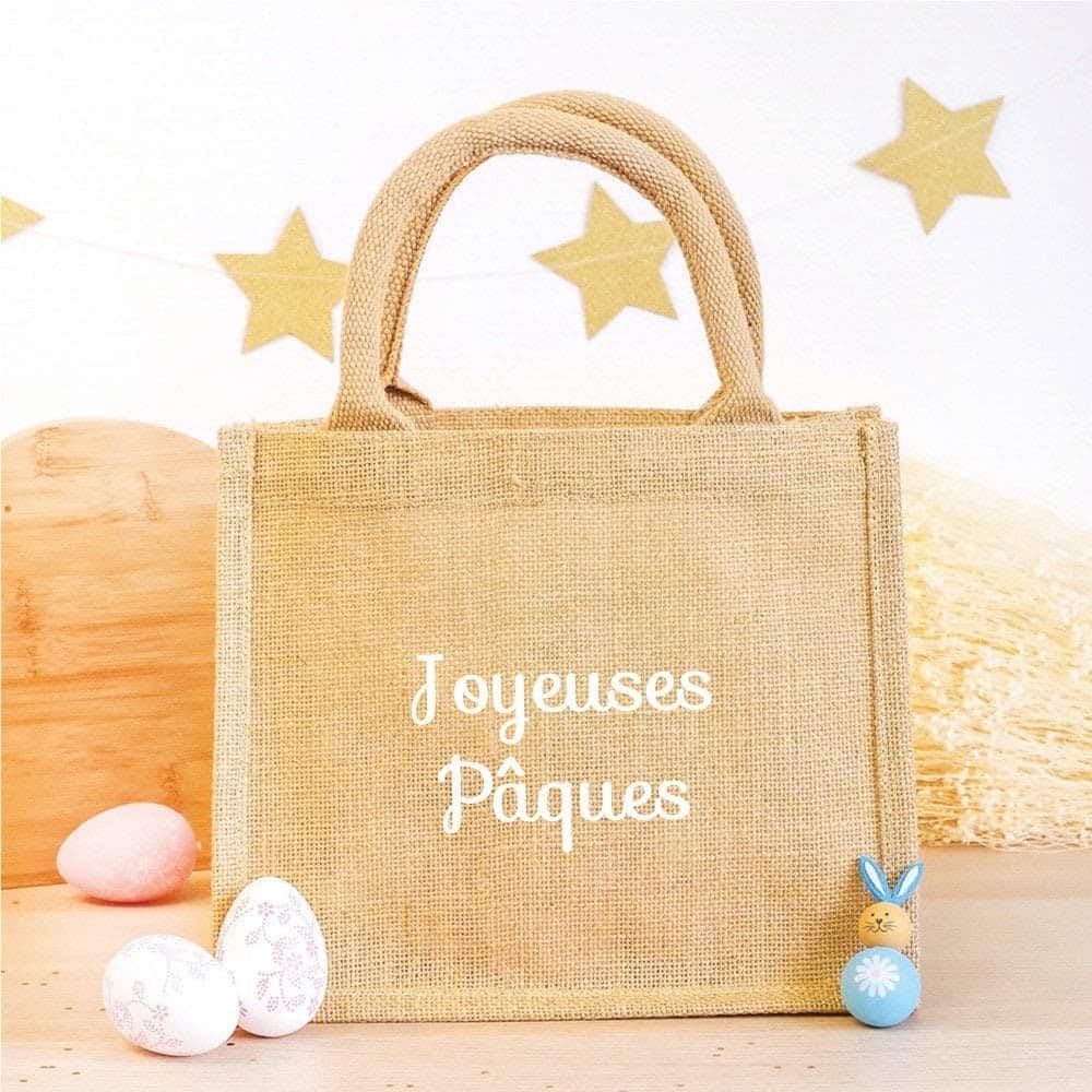 Panier enfant en jute Joyeuses Pâques brodé – Ourson câlin
