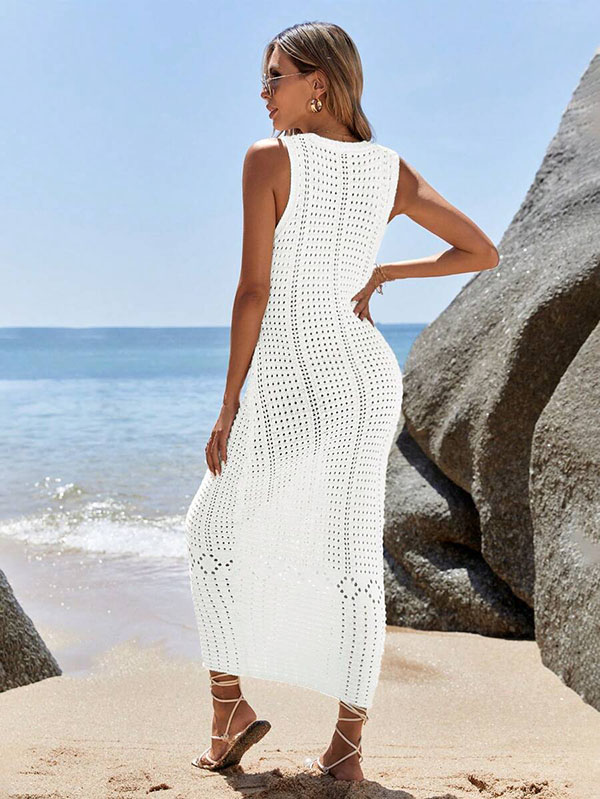 Robe de Plage Longue en Crochet Blanche à Col V Plongeant – Image 4