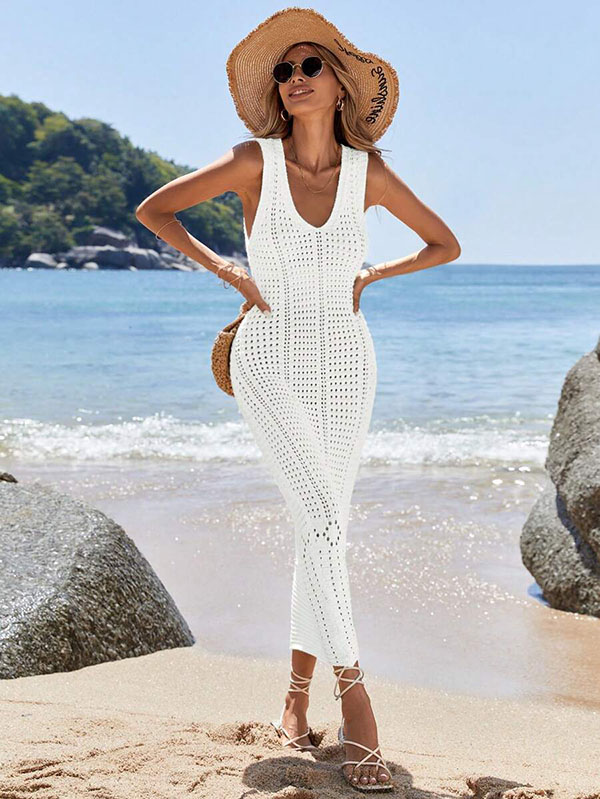 Robe de Plage Longue en Crochet Blanche à Col V Plongeant – Image 3