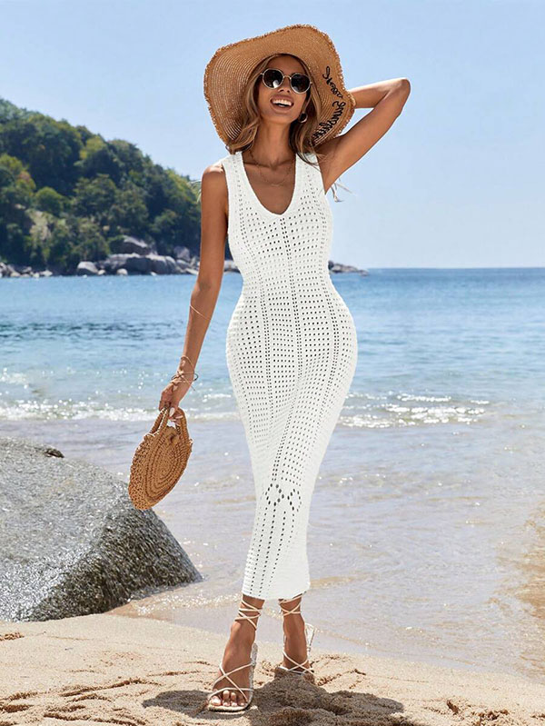 Robe de Plage Longue en Crochet Blanche à Col V Plongeant – Image 2