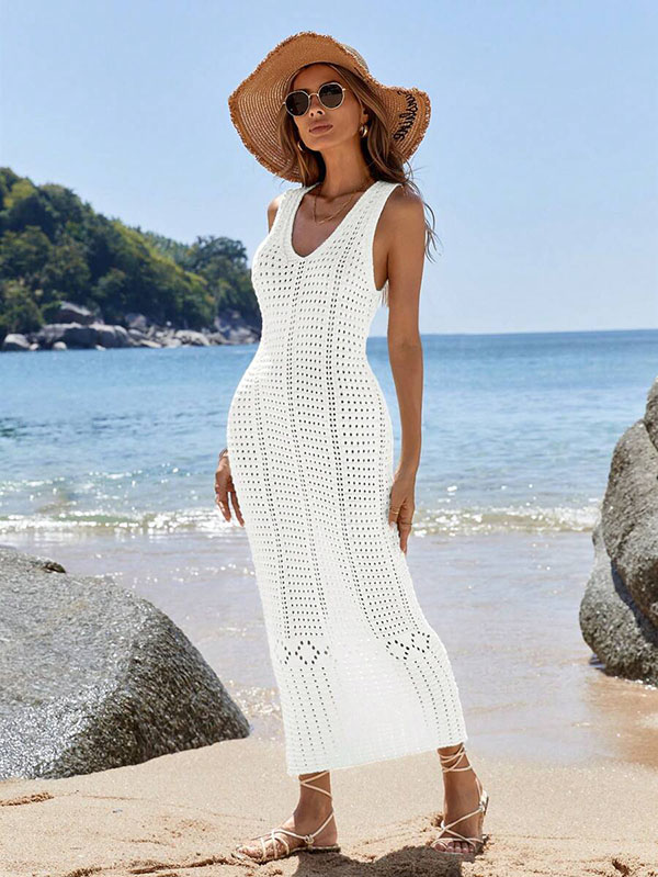 Robe de Plage Longue en Crochet Blanche à Col V Plongeant