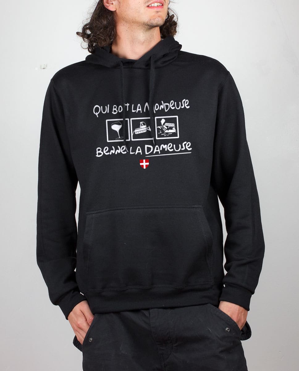 SWEAT HOMME : QUI BOIT LA MONDEUSE BENNE LA DAMEUSE