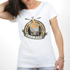 PROMO T-SHIRT FEMME : UNIS PAR LES LIENS SACRÉS DU FROMAGE-BLANC-S