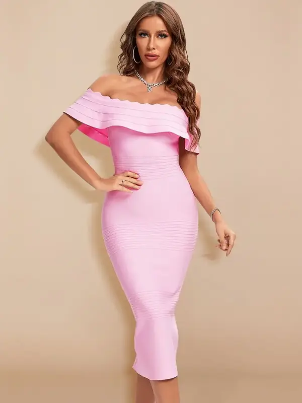 Robe Bandage Cocktail Midi Rose Col Bardot Volants
