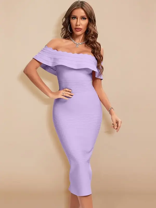 Robe Bandage Cocktail Midi Lavande Col Bardot Volants