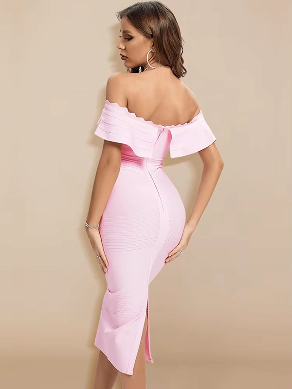 Robe Bandage Cocktail Midi Rose Col Bardot Volants – Image 2