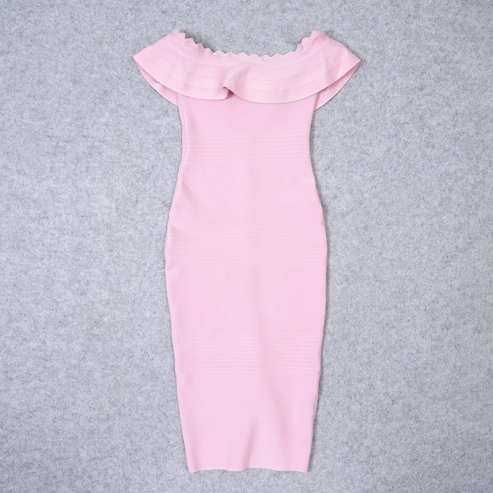 Robe Bandage Cocktail Midi Rose Col Bardot Volants – Image 3