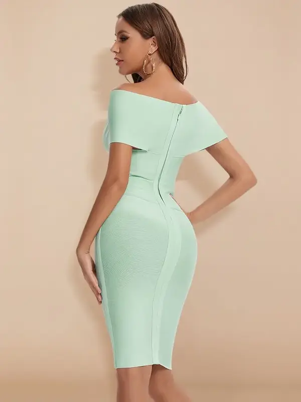 Robe Bandage Extensible Cocktail Epaules Dénudées Vert Menthe – Image 2