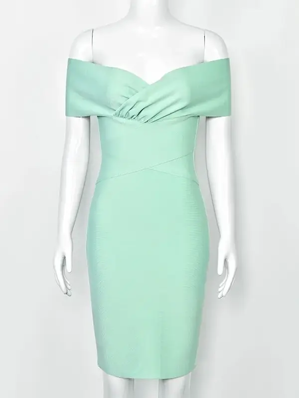 Robe Bandage Extensible Cocktail Epaules Dénudées Vert Menthe – Image 3