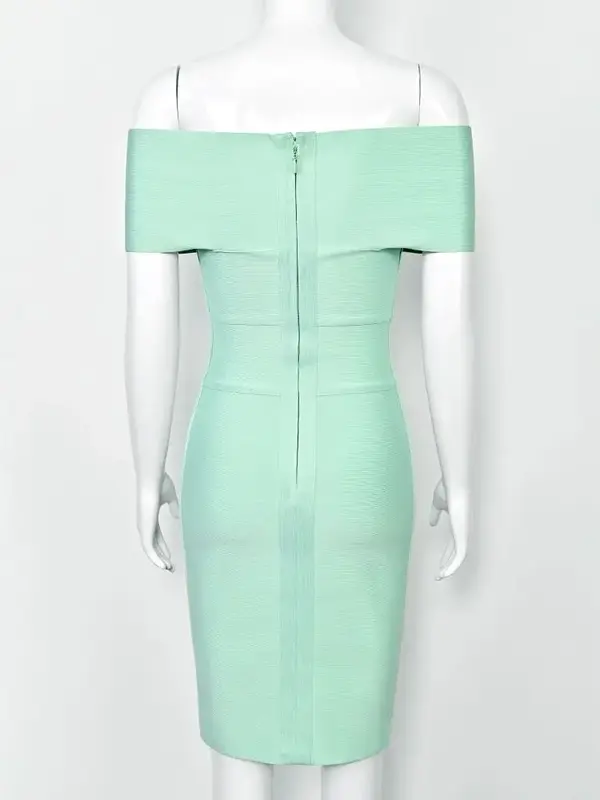 Robe Bandage Extensible Cocktail Epaules Dénudées Vert Menthe – Image 4