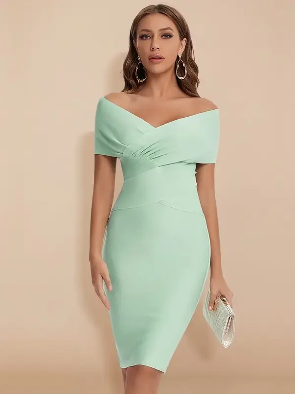Robe Bandage Extensible Cocktail Epaules Dénudées Vert Menthe
